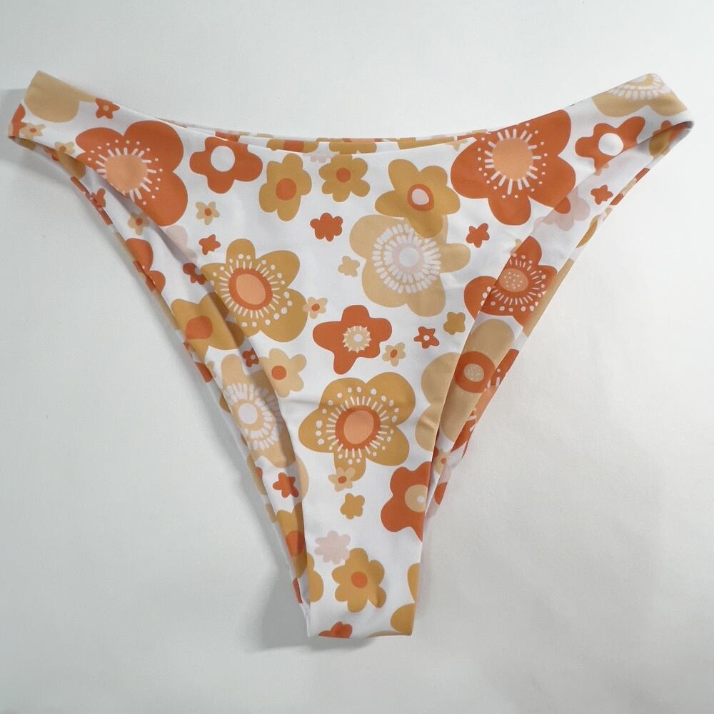 Aurelle L McCall Bikini Set Orange Retro Floral Print Two Piece Bold Bright - Picture 5 of 11